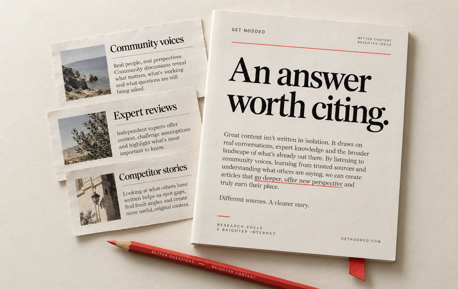 Community, expert, and competitor research clippings beside an article titled An answer worth citing and a coral editorial pencil